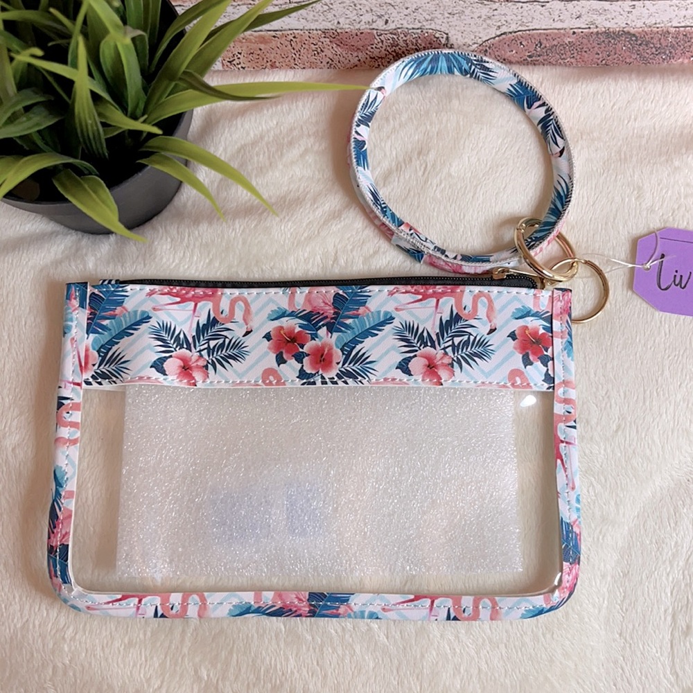 Flamingo Wristlet, Clutch w/Detachable Bangle Keychain, Clear